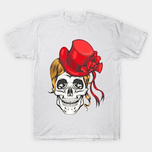 Human Skull in Red Fashion Hat. Vector illustration. T-Shirt